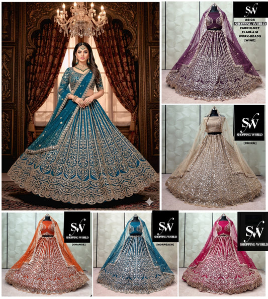 Embellished Morpeach Blue Chiku golden Wine Orange Rani pink Net lehenga