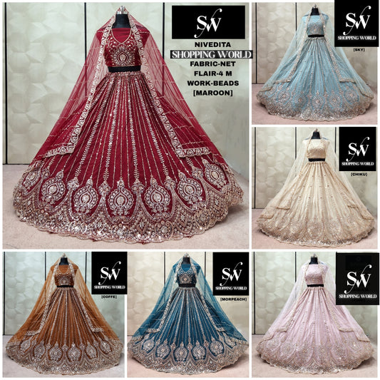 Charming Maroon Sky Blue Chiku Golden Coffee Morpeach Blue Pink Net lehenga