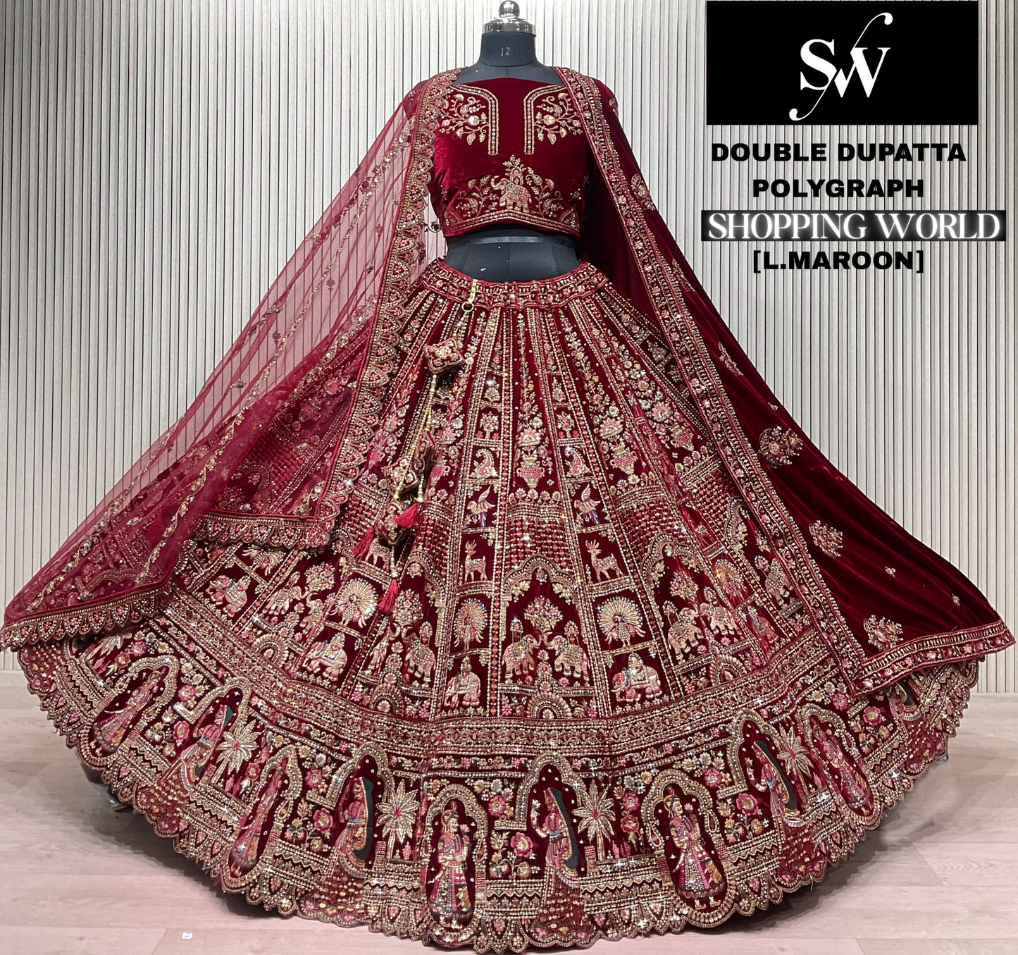 Light Maroon Double Dupatta Peacock Bridal Lehenga