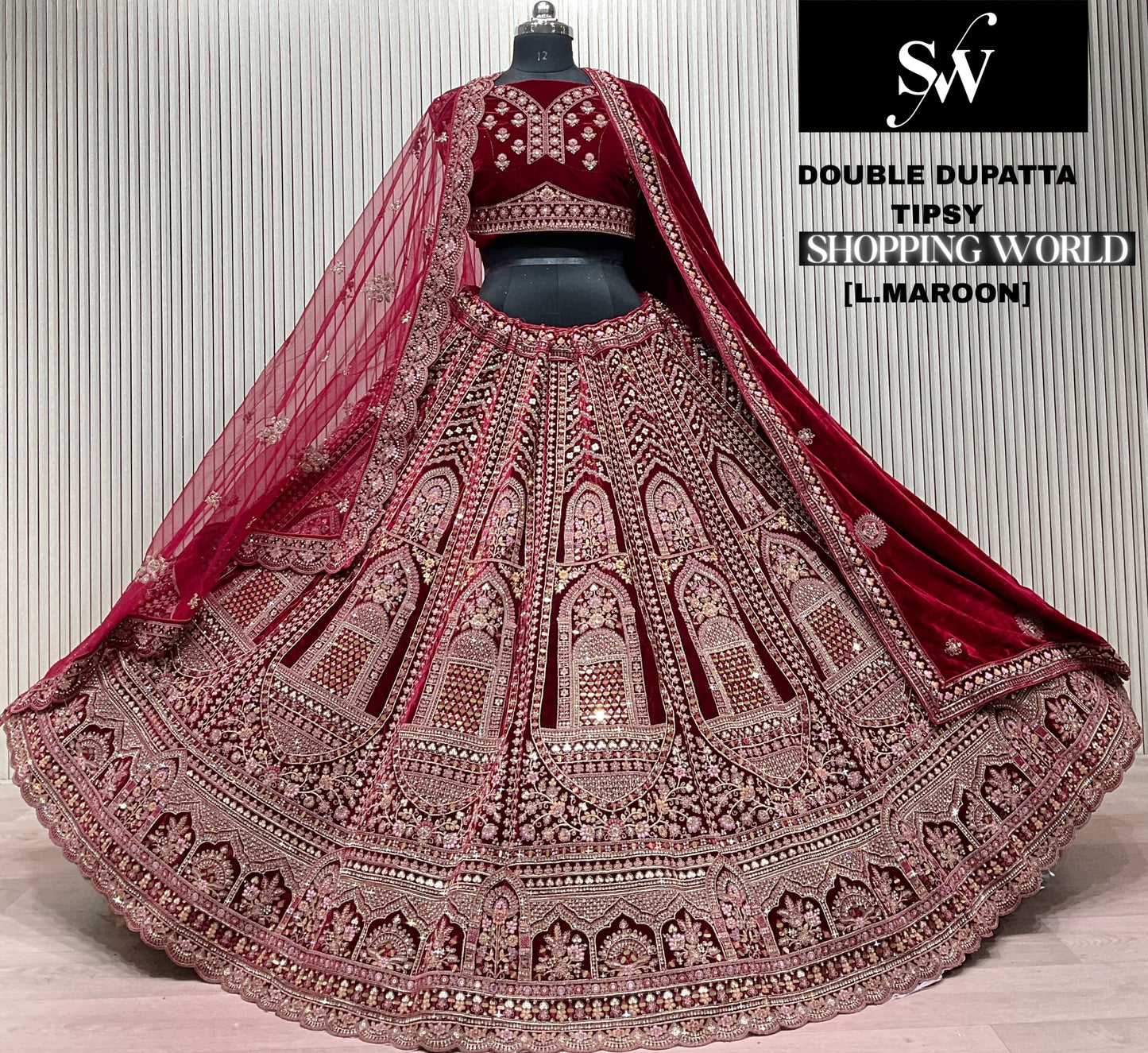 Light Maroon Double Dupatta Bridal Lehenga