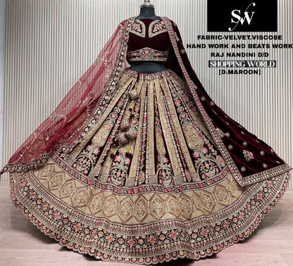 Light Maroon Velvet Viscose Bridal Lehenga