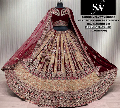 Light Maroon Velvet Viscose Bridal Lehenga