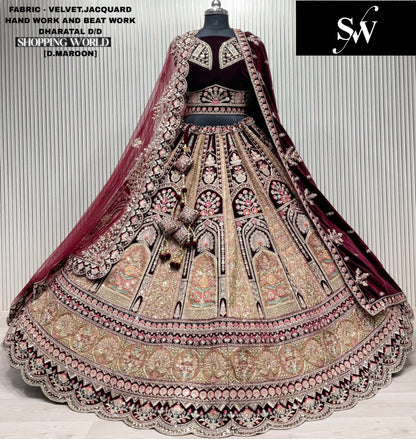 Light Maroon Velvet jacquard Bridal Lehenga