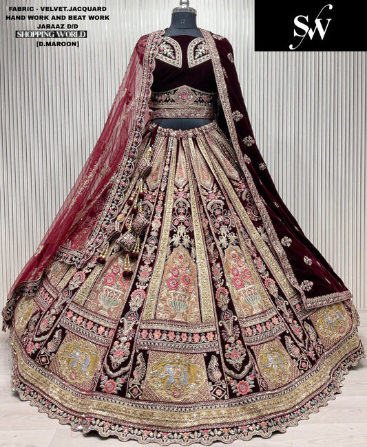 Dark Maroon Velvet Jacquard Bridal Lehenga