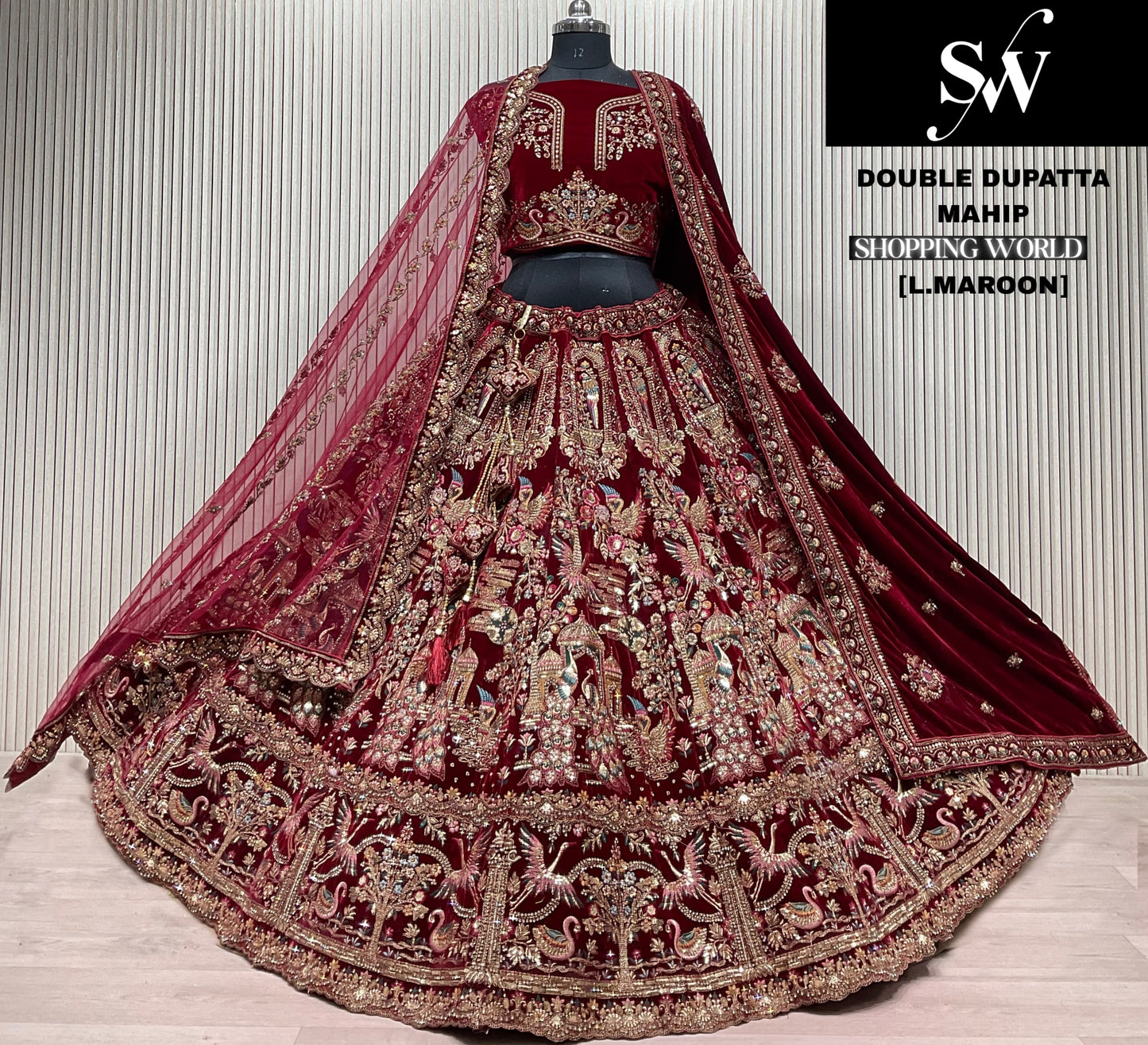 Light Maroon Double Dupatta Bridal Lehenga