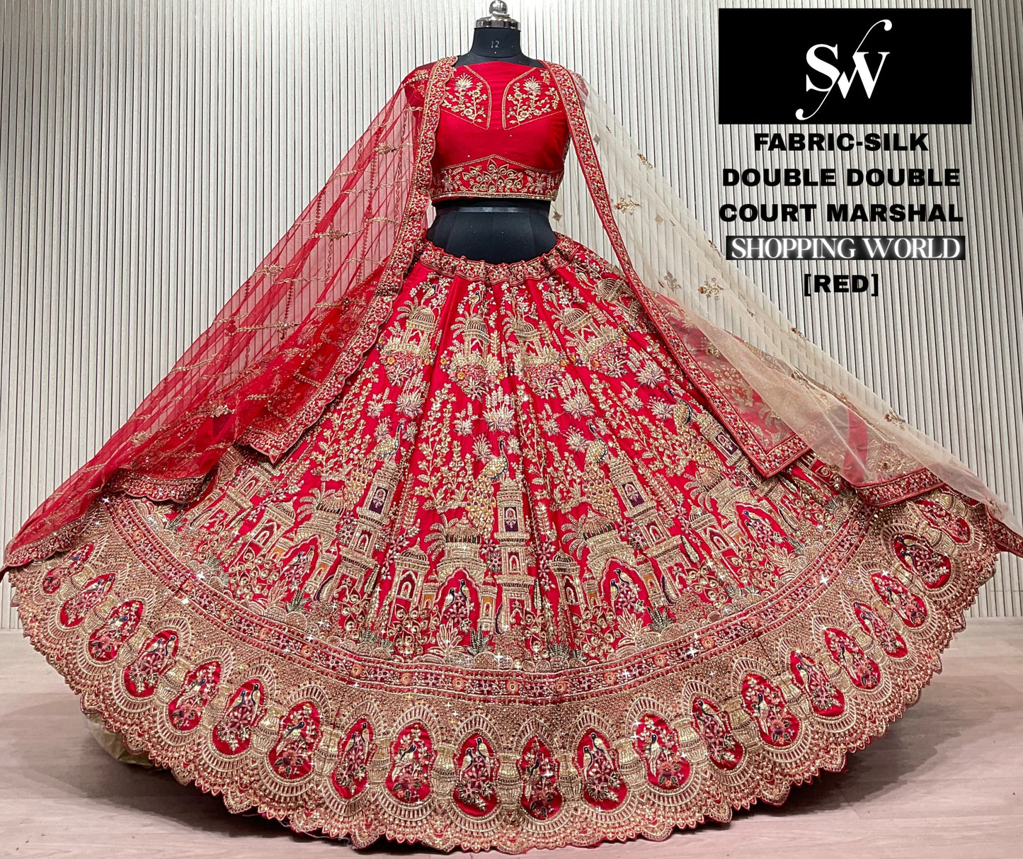 Red Peacock Silk Double Dupatta Bridal Lehenga