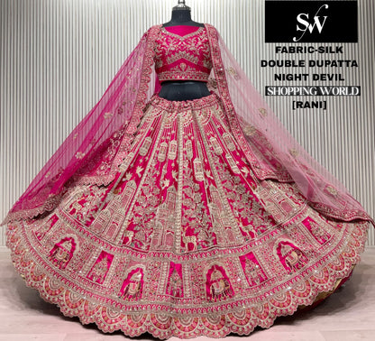 Red Double Dupatta peacock Silk Bridal Lehenga