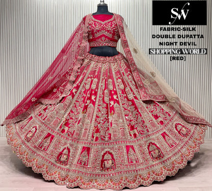 Red Double Dupatta peacock Silk Bridal Lehenga