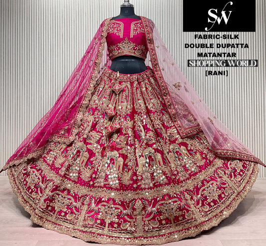 Rani pink Peacock Silk Double Dupatta Bridal Lehenga