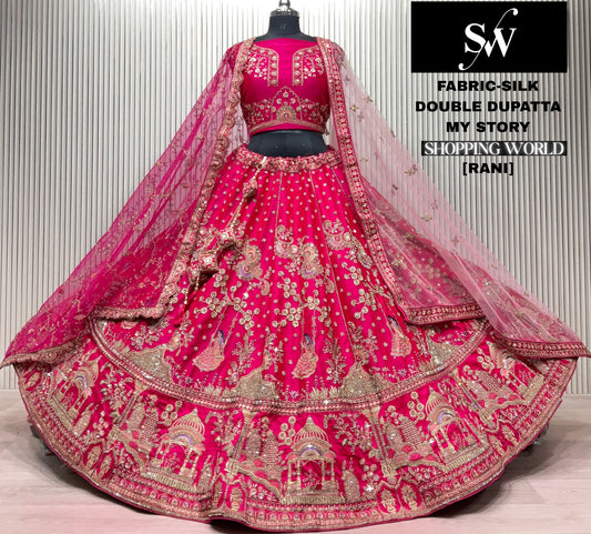 Rani pink Double Dupatta peacock Silk Bridal Lehenga