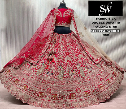 Red Peacock Silk Double Dupatta Bridal Lehenga