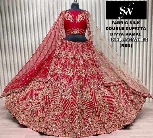 Red Double Dupatta Peacock Silk Bridal Lehenga