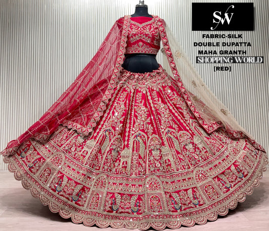 Red Silk Double Dupatta Peacock Bridal Lehenga
