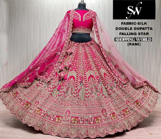 Red Peacock Silk Double Dupatta Bridal Lehenga