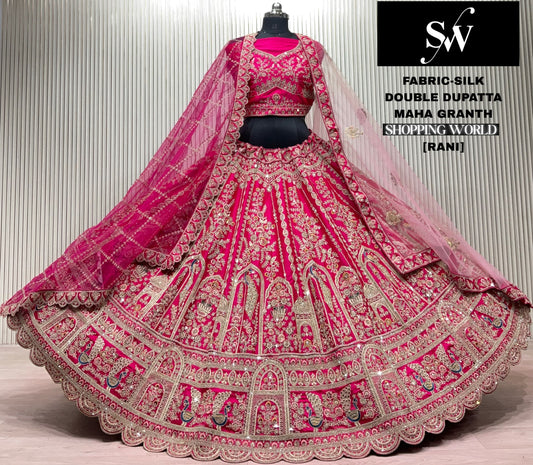 Red Silk Double Dupatta Peacock Bridal Lehenga