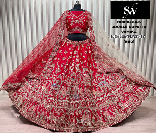 Red Silk Double Dupatta Peacock Bridal Lehenga