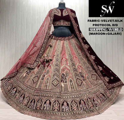 Gajri pink Maroon Velvet Silk Bridal Lehenga