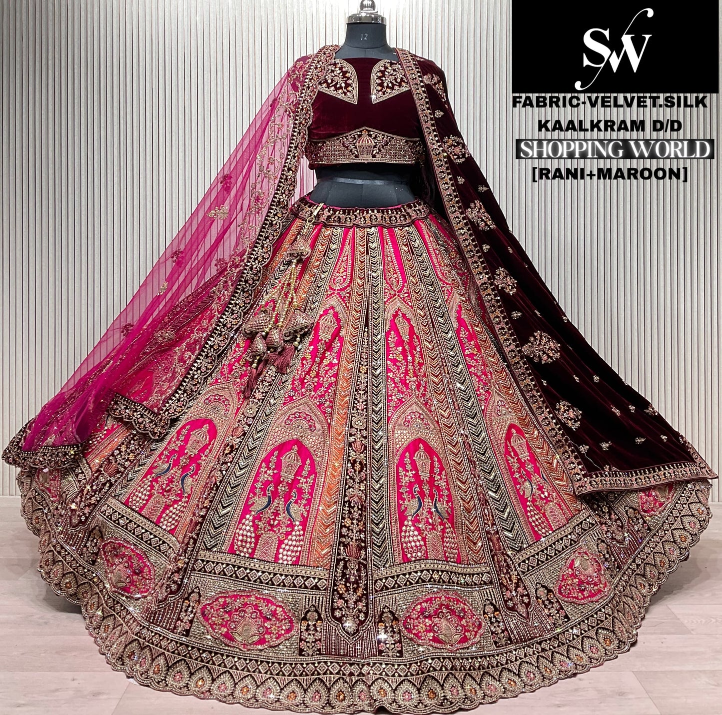 Red Maroon Velvet Silk peacock Bridal Lehenga