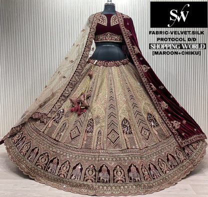 Gajri pink Maroon Velvet Silk Bridal Lehenga