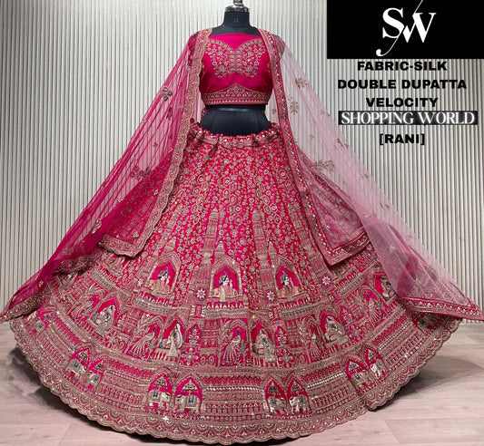 Rani pink Peacock Double Dupatta Silk Bridal Lehenga
