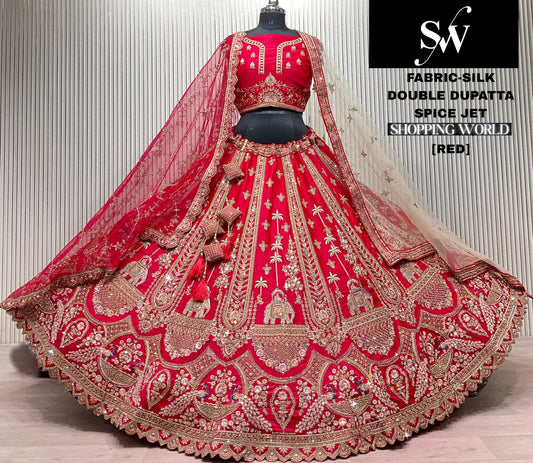 Red Double Dupatta Peacock Silk Bridal Lehenga