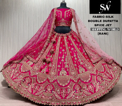 Rust Orange Double Dupatta Peacock Silk Bridal Lehenga