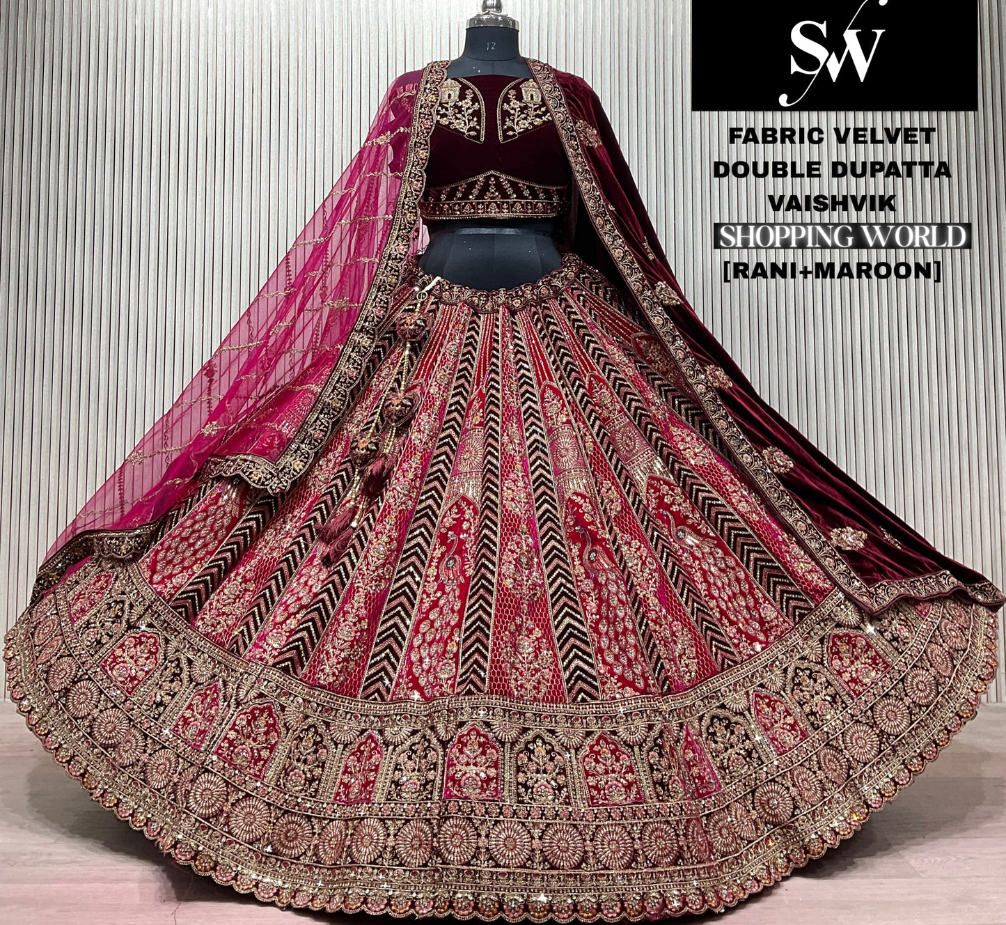 Red Maroon Double Dupatta Peacock Velvet Bridal Lehenga