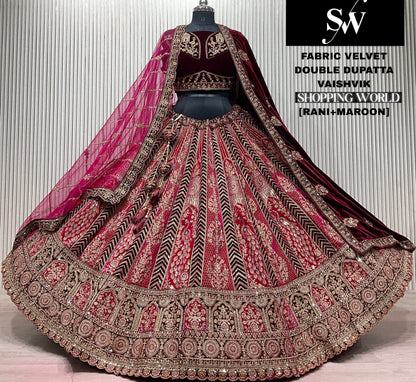 Red Maroon Double Dupatta Peacock Velvet Bridal Lehenga