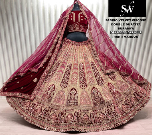 Rani Maroon Double Dupatta Velvet Viscose Bridal Lehenga