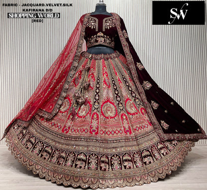 Rani pink Peacock Jacquard Velvet Silk Bridal Lehenga