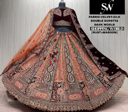 Rust Maroon Double Dupatta Velvet Silk Bridal Lehenga