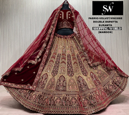 Rust Maroon Double Dupatta Velvet Viscose Bridal Lehenga