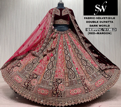 Rust Maroon Double Dupatta Velvet Silk Bridal Lehenga