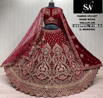 Light Maroon peacock Velvet Bridal Lehenga