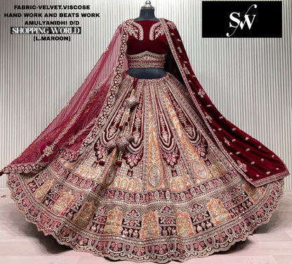 Light Maroon Velvet Viscose Bridal Lehenga