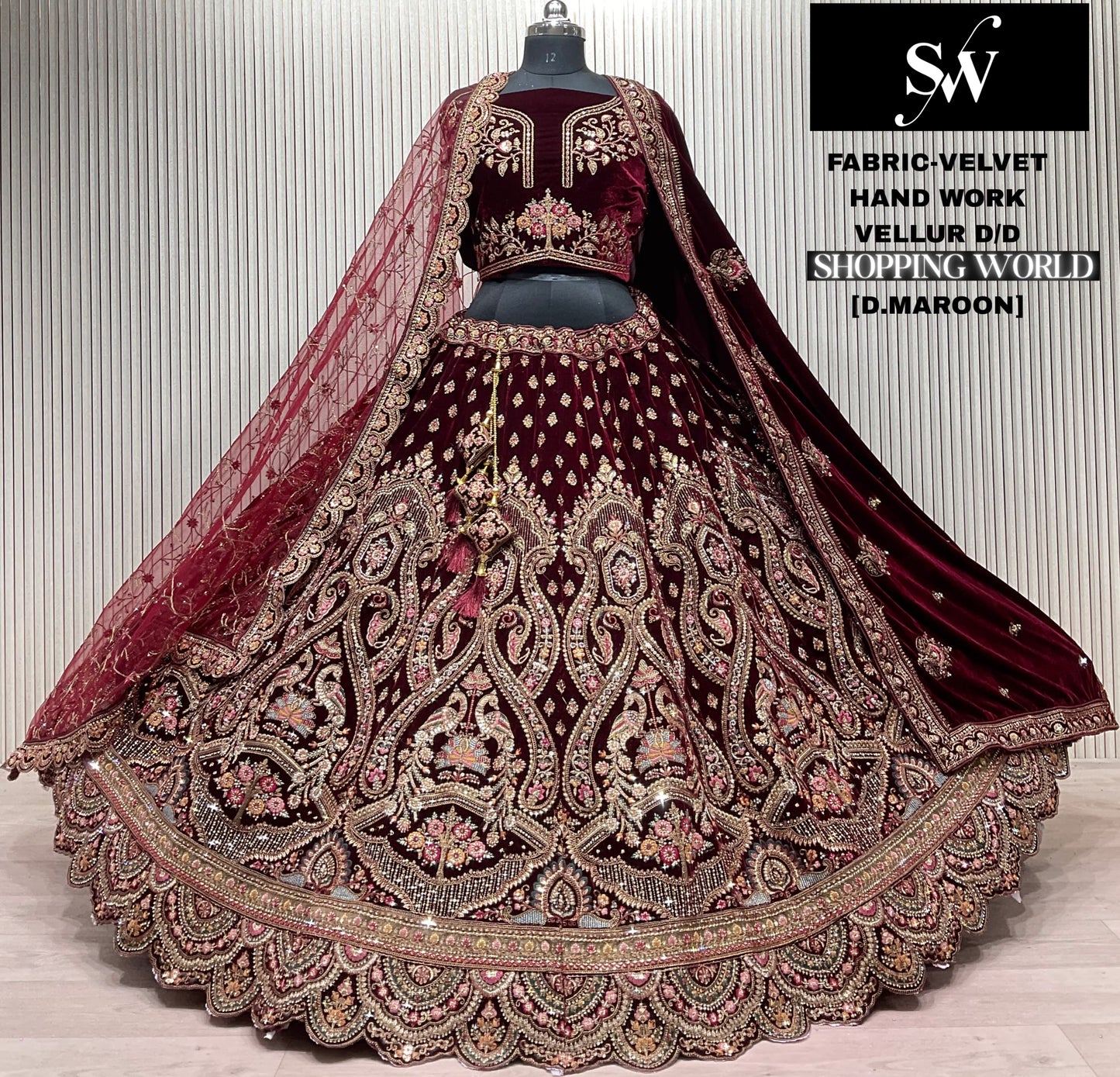 Light Maroon peacock Velvet Bridal Lehenga