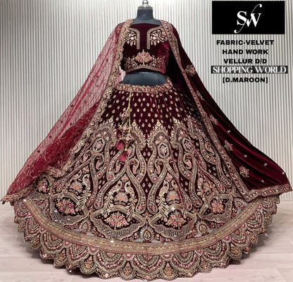 Light Maroon peacock Velvet Bridal Lehenga