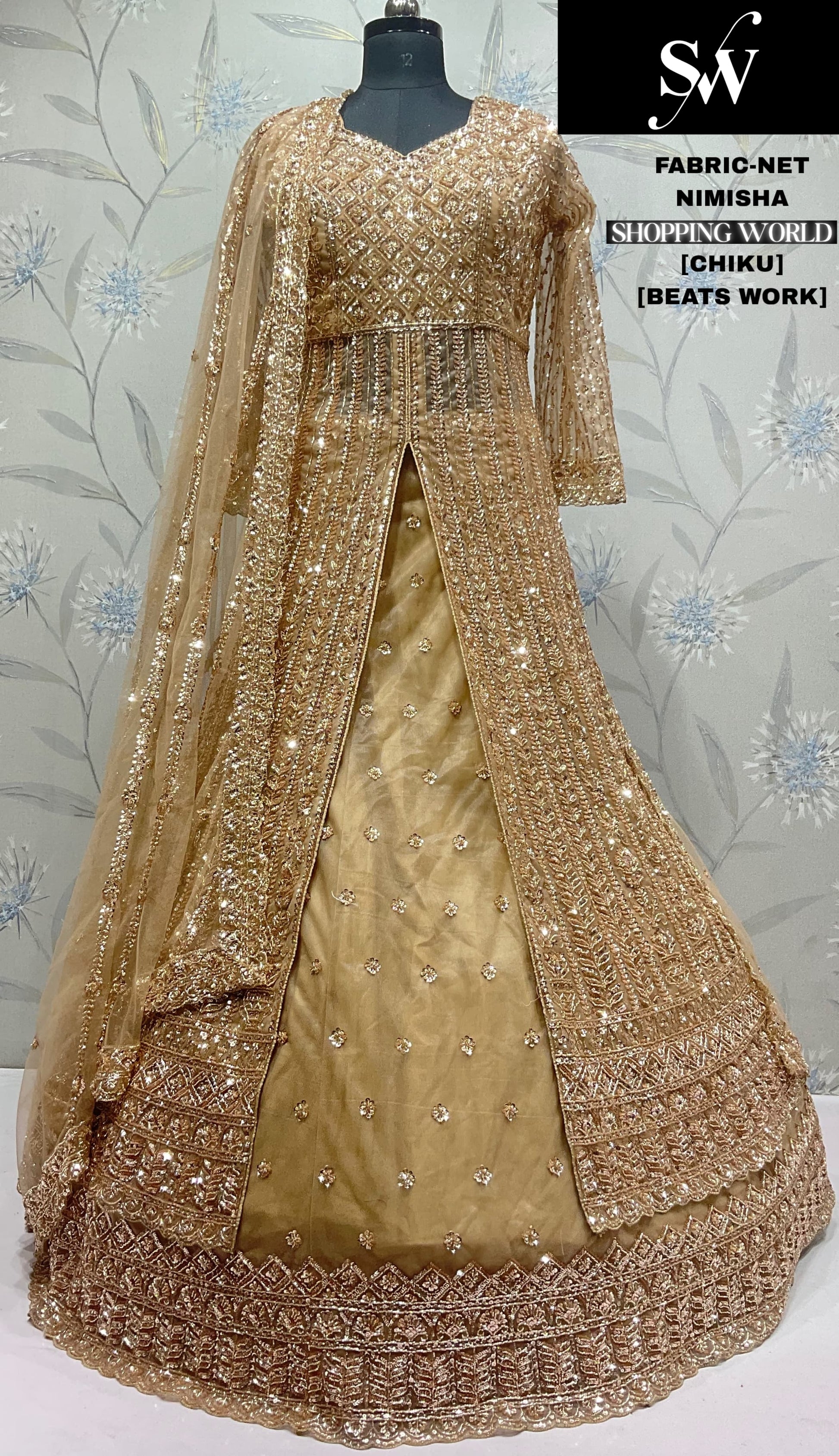 Chiku Golden Net Farshi garara muslim Bride Long Indo Dress Chiku Golden Net Farshi garara muslim Bride Long Indo Dress