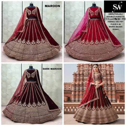 Maroon Dark Maroon Rani pink Velvet Double Dupatta Bridal Lehenga