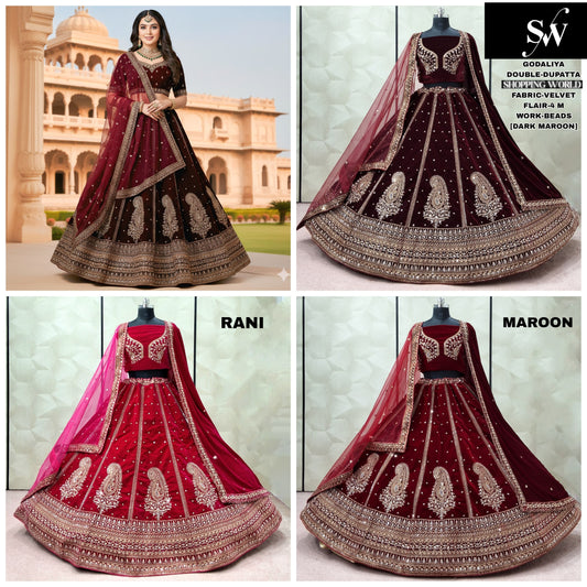 Maroon Dark Maroon Rani pink Velvet Double Dupatta Peacock Bridal Lehenga