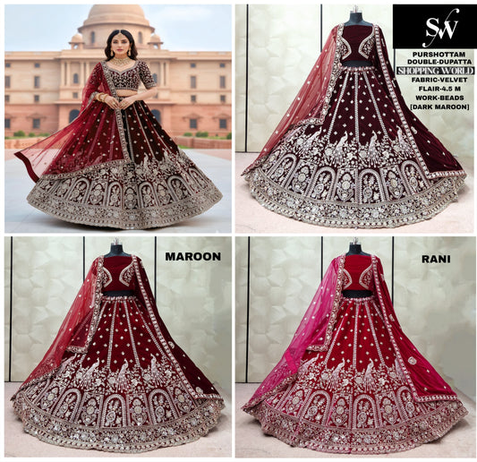 Maroon Dark Maroon Rani pink Velvet Double Dupatta Bridal Lehenga