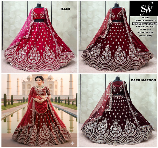 Maroon Dark Maroon Rani pink Velvet Double Dupatta Bridal Lehenga