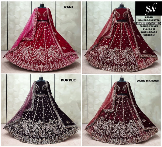 Maroon Dark Maroon Rani pink Purple Velvet Double Dupatta Peacock Bridal Lehenga