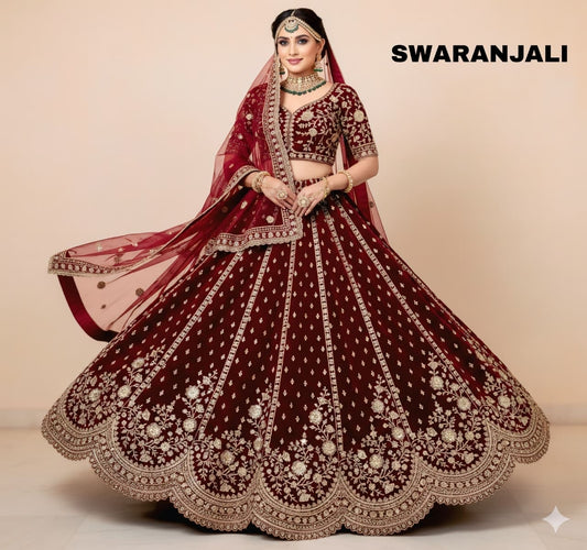 Maroon Dark Maroon Rani pink Velvet Double Dupatta Bridal Lehenga