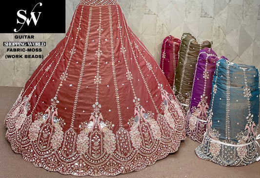 Peach Pink Moss beads work Peacock Lehenga