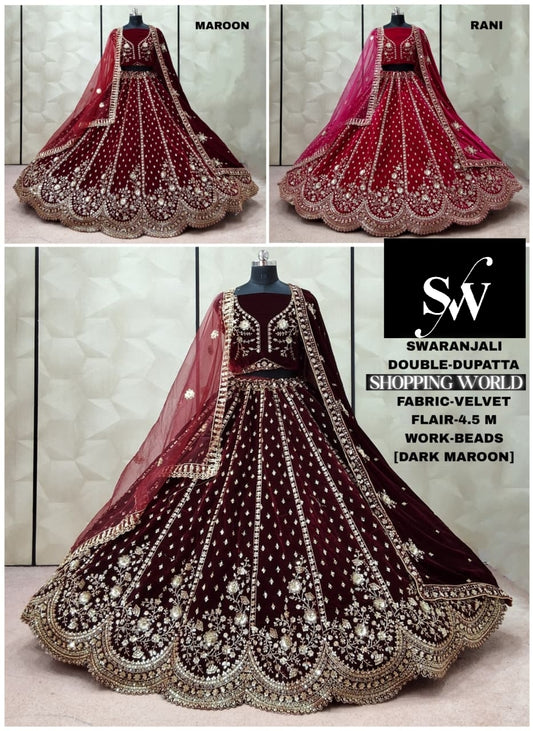 Maroon Dark Maroon Rani pink Velvet Double Dupatta Bridal Lehenga