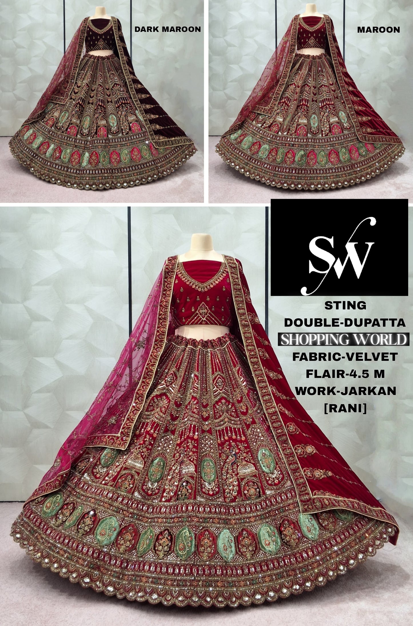 Maroon Dark Maroon Rani pink Velvet Double Dupatta peacock Bridal Lehenga