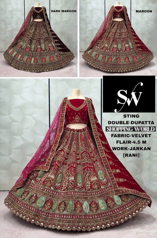Maroon Dark Maroon Rani pink Velvet Double Dupatta peacock Bridal Lehenga
