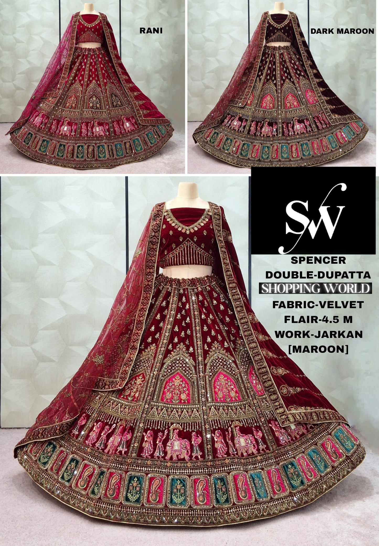 Maroon Dark Maroon Rani pink Velvet Double Dupatta Doli Barat Bridal Lehenga