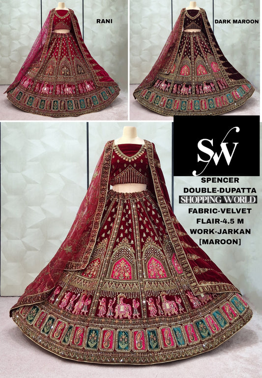 Maroon Dark Maroon Rani pink Velvet Double Dupatta Doli Barat Bridal Lehenga